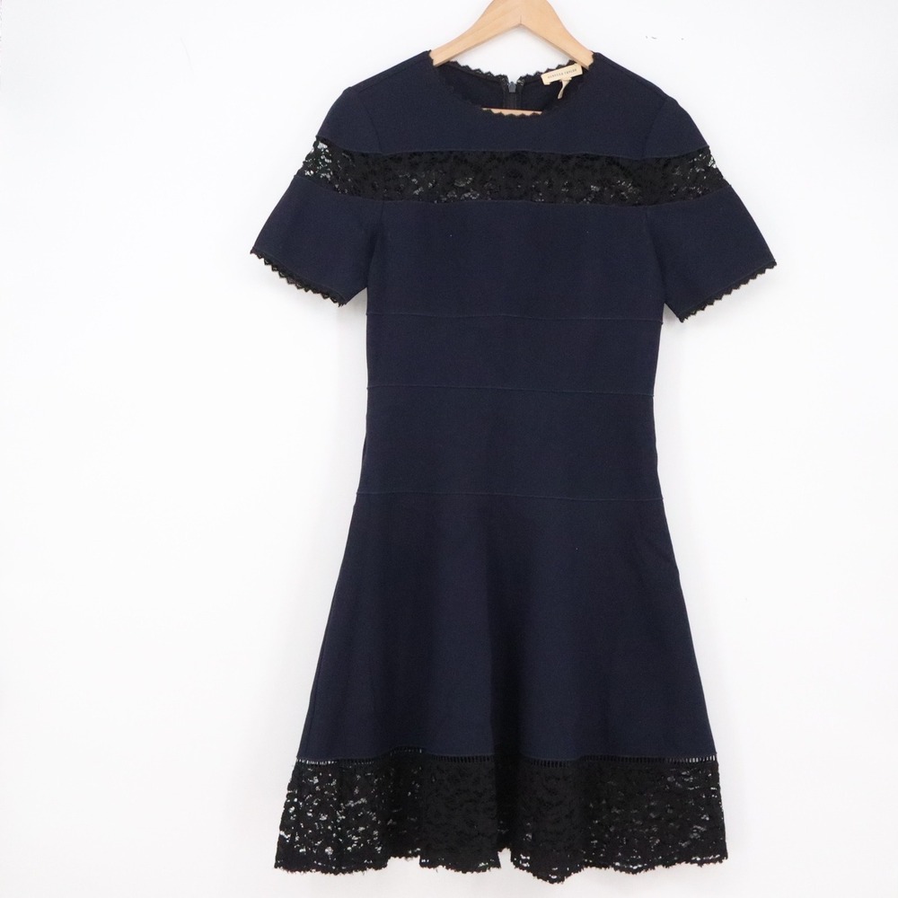 Rebecca Taylor Dress Womens 6 Fit Flare Navy Blue Lace Inset Short Sleeve Exc